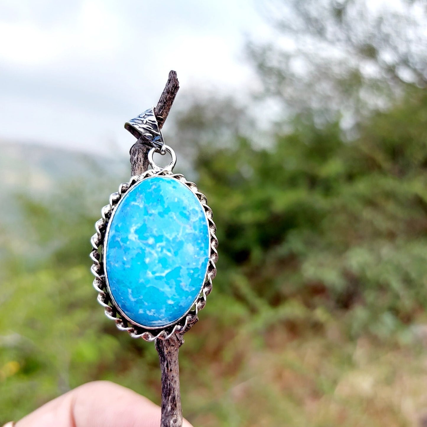 Oval Turquoise Sterling Silver Pendant Handmade Gemstone Celtic Rustic Mom Gift