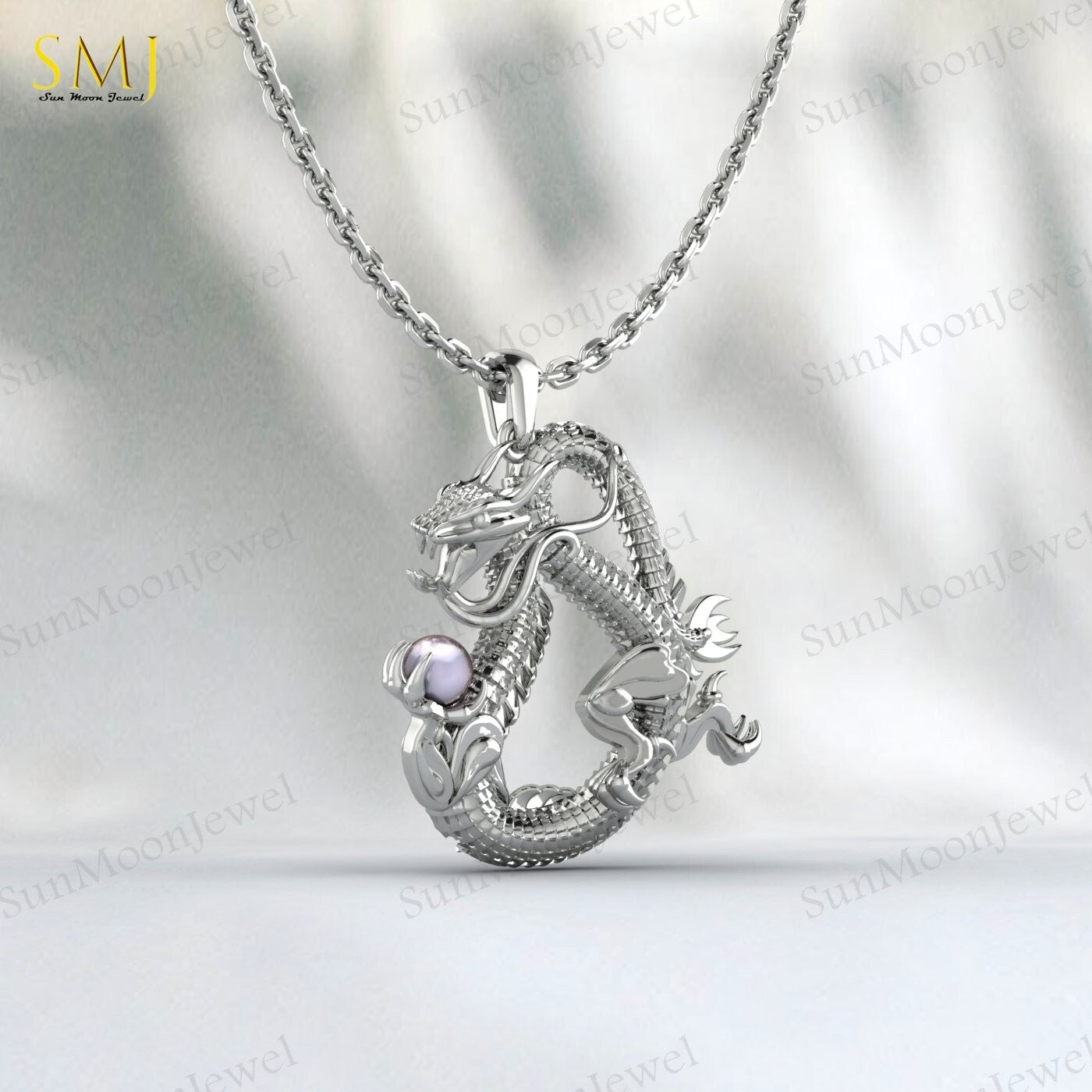 925 Sterling Silver Dragon Pendant Necklace For Man Pearl Dragon Unique Gifts