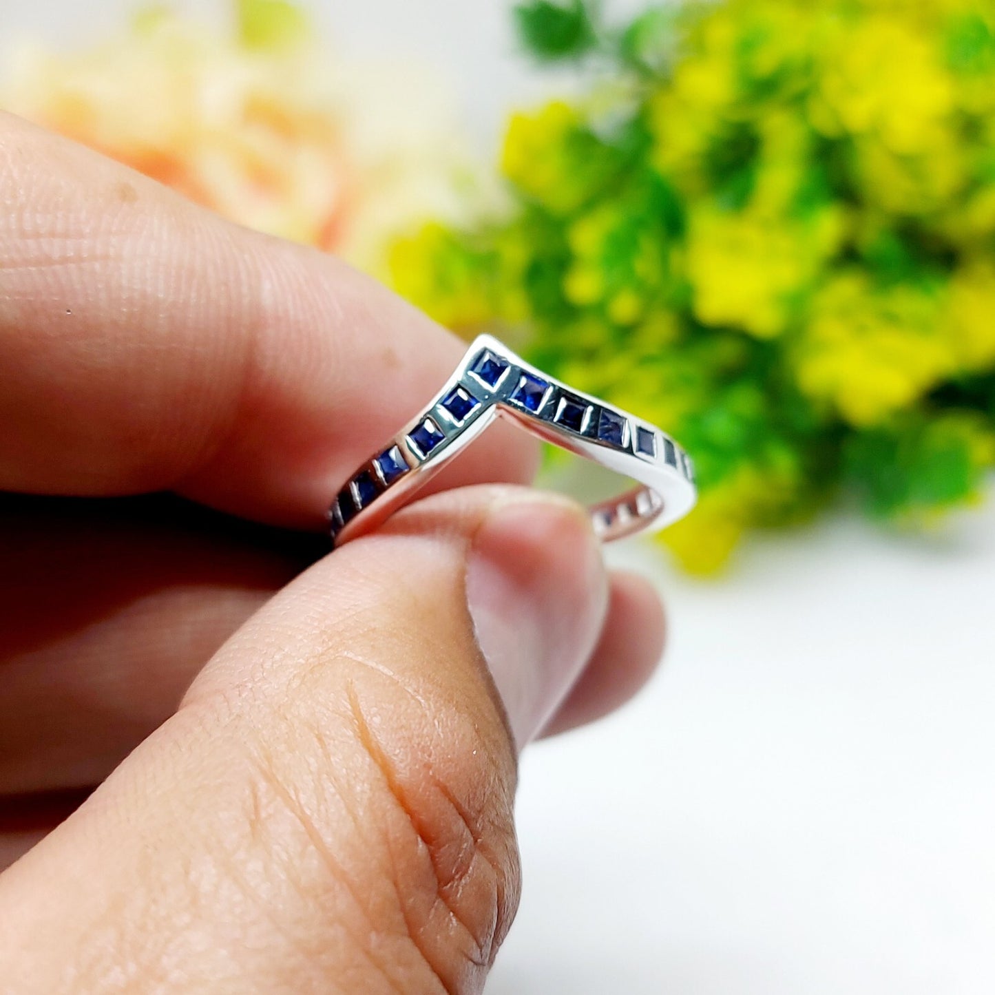 Princess Cut Blue Sapphire Curved Band 925 Sterling Silver Lab Created Ring Band