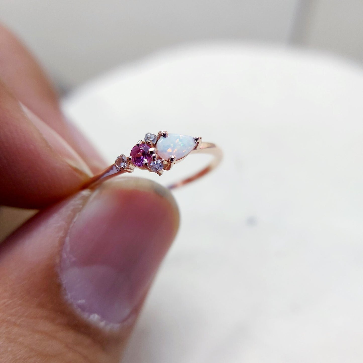 Pear Cut Opal and Pink Tourmaline Ring Gemstone Engagement Silver Ring Us5~ 15