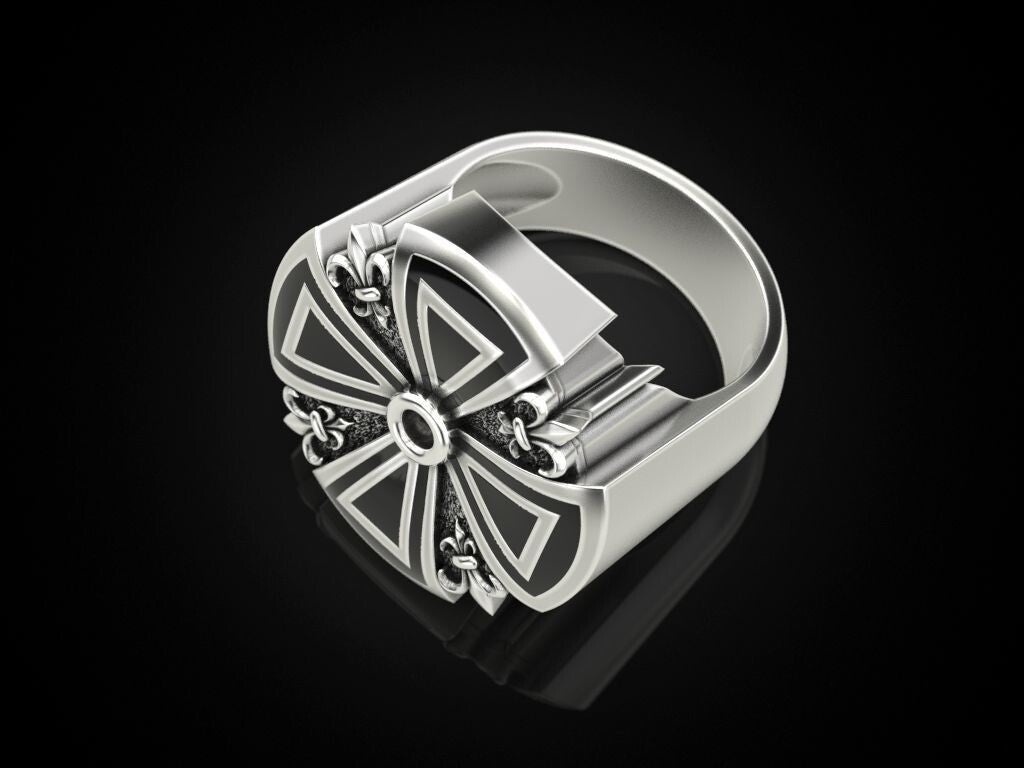Silver Cross Ring Heraldic Lily Gothic Enamel US 5-15 Unisex Jewelry Women Men
