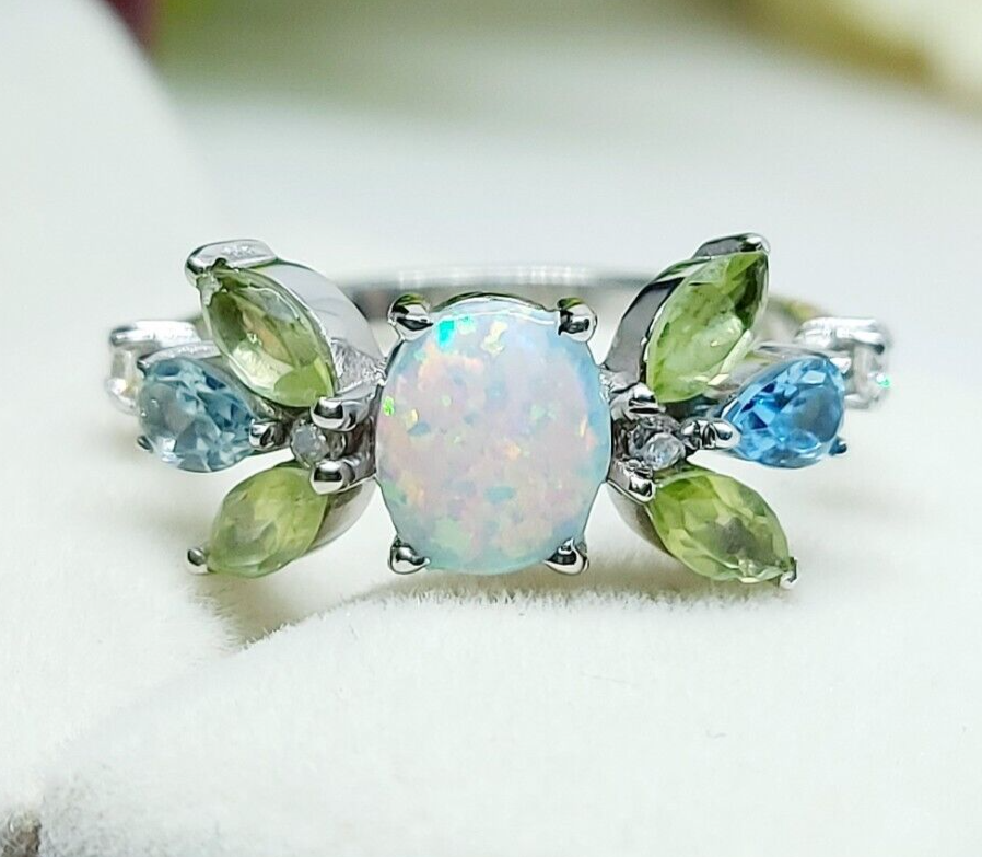 925 Silver Peridot Opal Cluster Ring Oval Cut Opal Promise Wedding Ring US5 ~15
