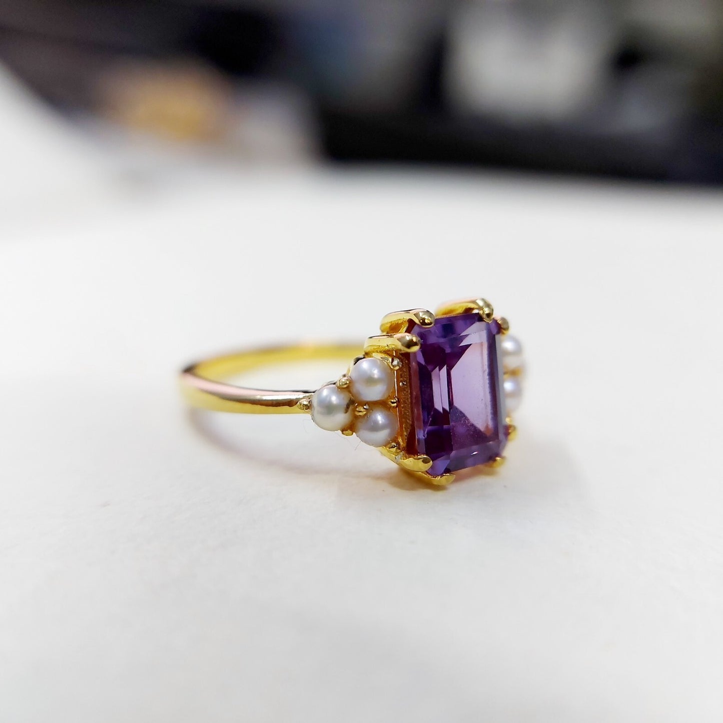 Emerald Cut Amethyst Pearl Ring 925 Silver Handmade Engagement Women Ring US5~15