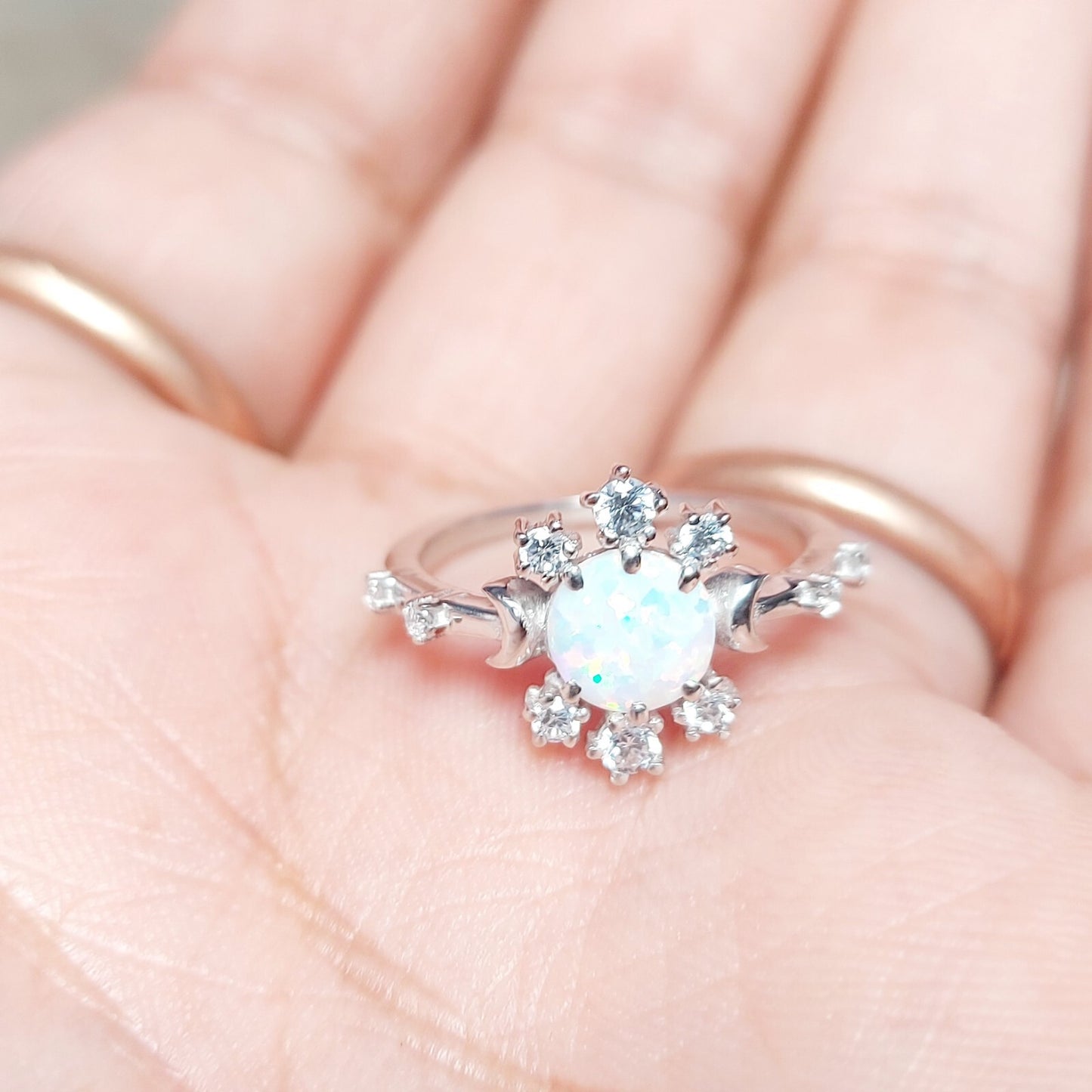 Natural Opal Ring Round Cut CZ Cluster 925 Silver Gift Ring US5~15 Vintage Look