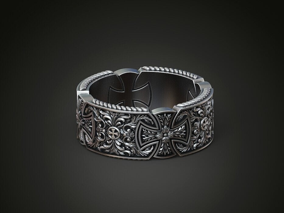 925 Silver Templar Cross Band Ring Gothic Christian Faith Hope Love Ring US5 ~15