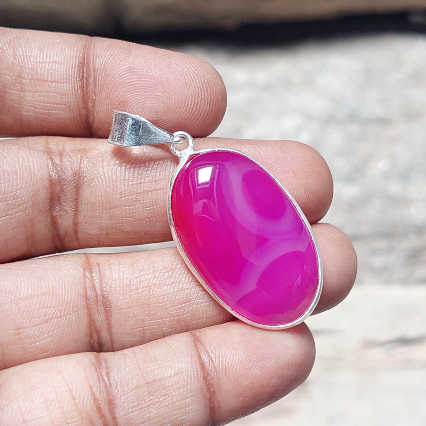 Hot Pink Banded Agate Pendant Necklace 925 Sterling Silver Jewelry For Wedding