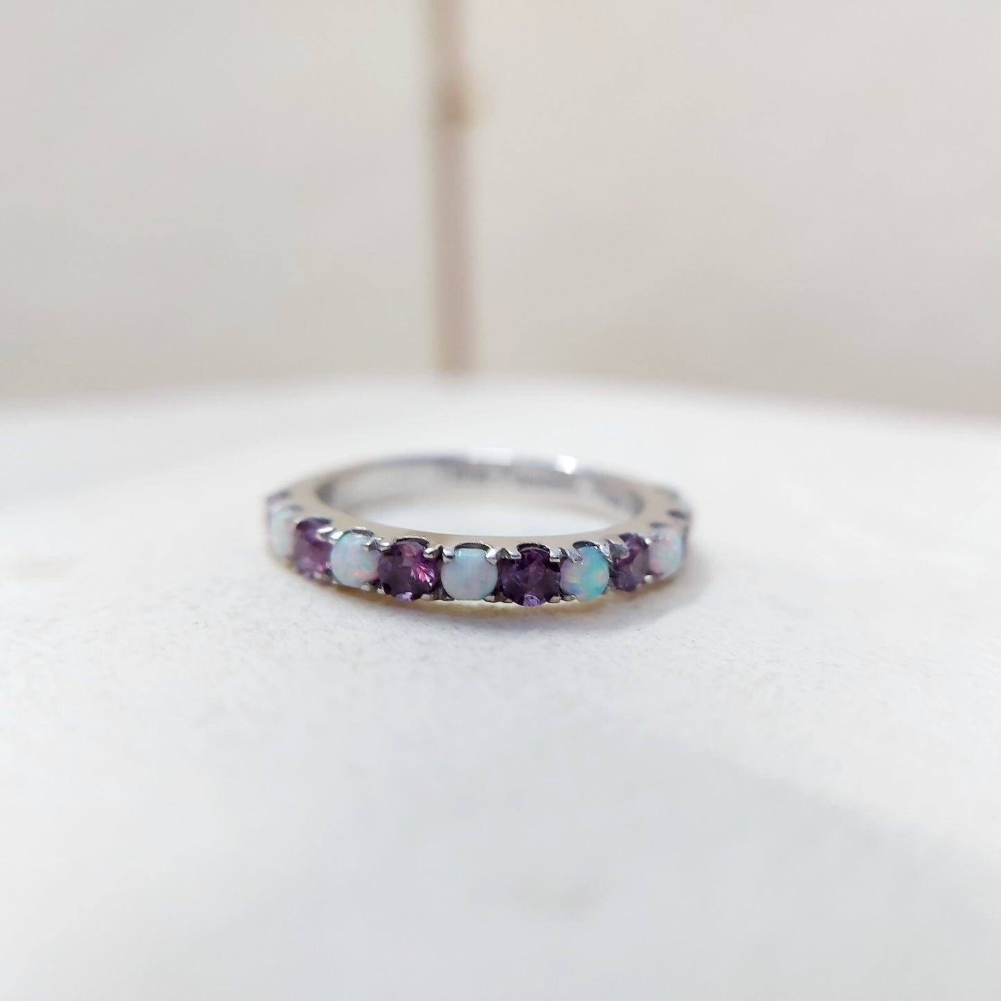 Fire Opal Amethyst Ring Genuine Silver Half Eternity Band Handmade Women US5~15