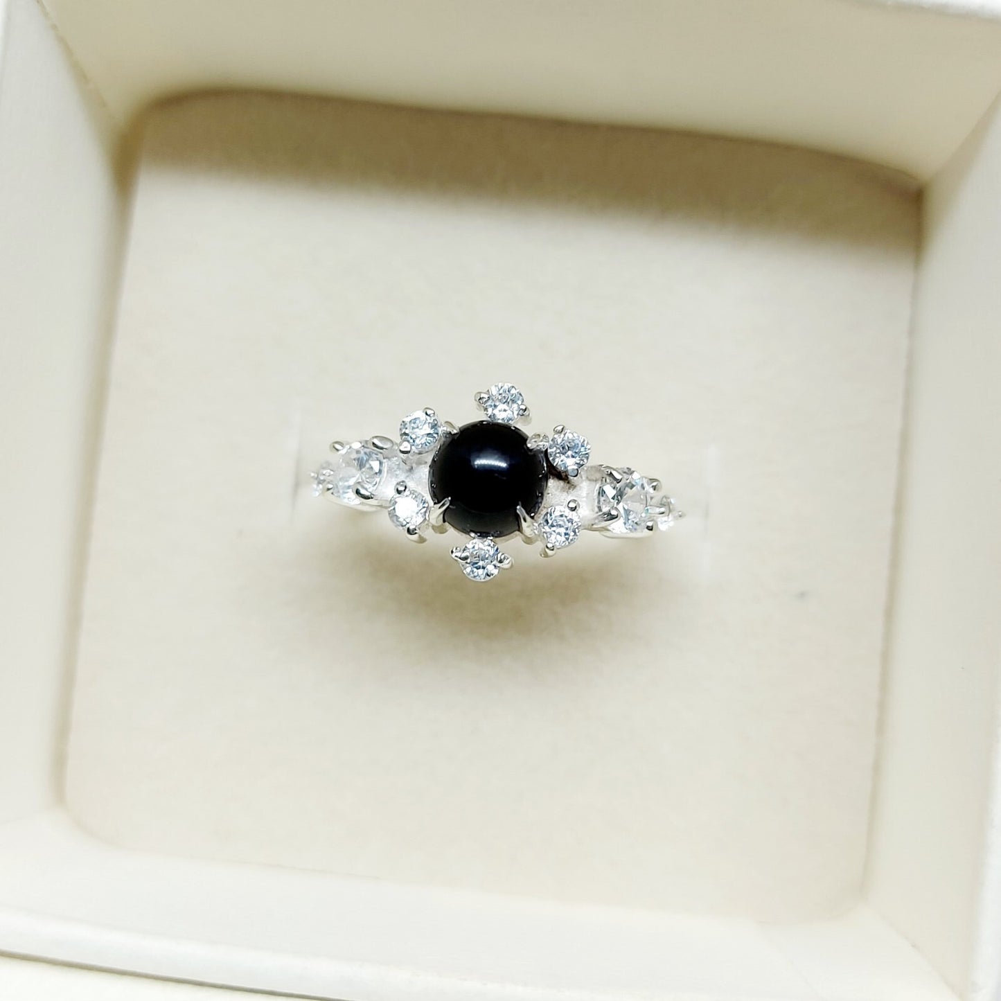 Natural Round Black Spinel Engagement Ring Cz Diamond 925 Sterling Silver Gift