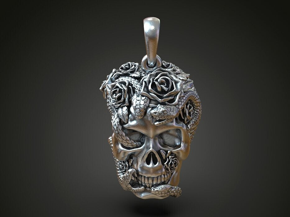 Silver Skull Roses Snake Serpents Pendant US7~15 Gothic Biker Jewelry Pendant