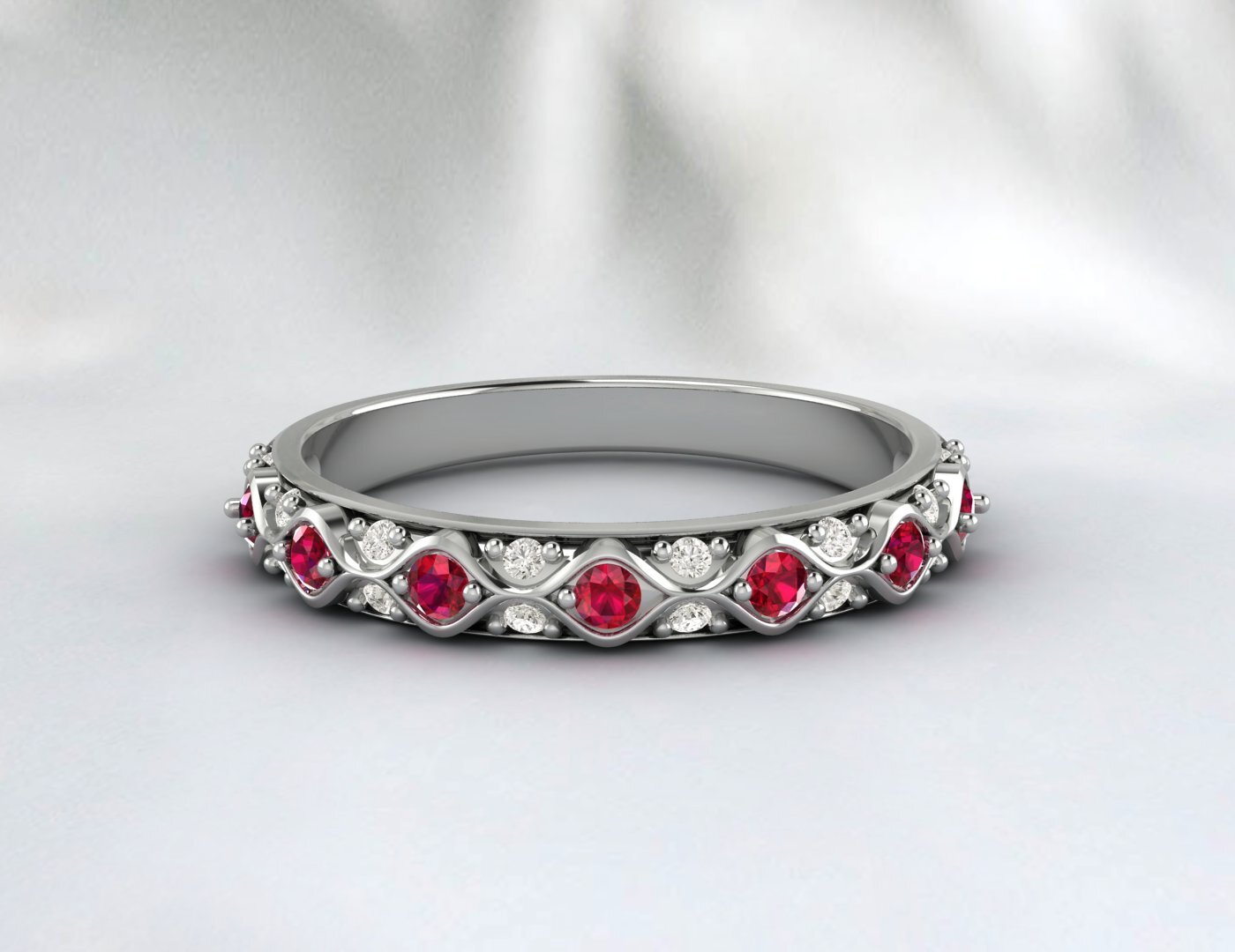 Ruby Cz Diamond Wedding Band Fine Silver Antique Unique Vintage Band Lab Created