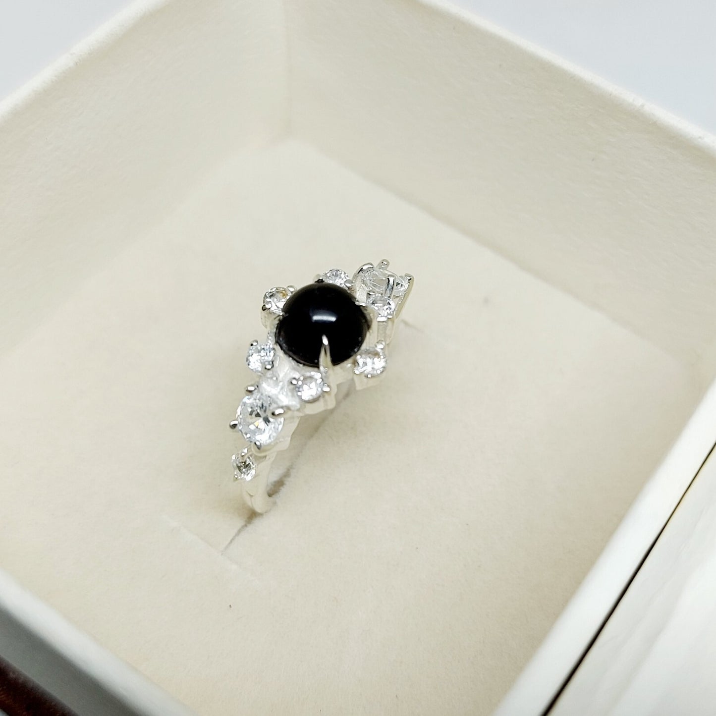 Natural Round Black Spinel Engagement Ring Cz Diamond 925 Sterling Silver Gift