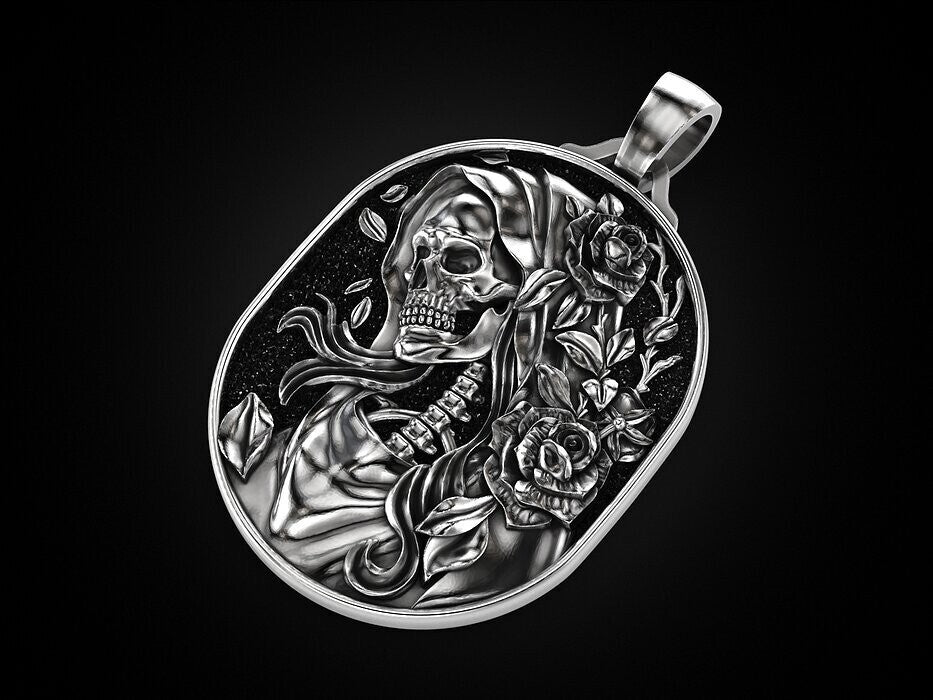 Skull Rose Serpent Pendant 925 Silver Skull Gothic Biker Necklace For Men Women