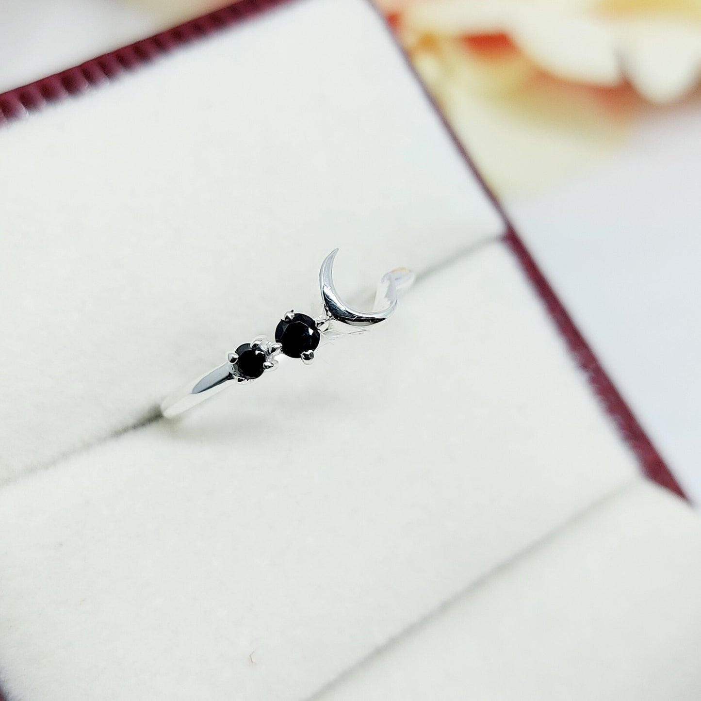 Black Onyx Moon Ring Elegant Handmade Celestial Gift Ring US5~15 Dainty Look