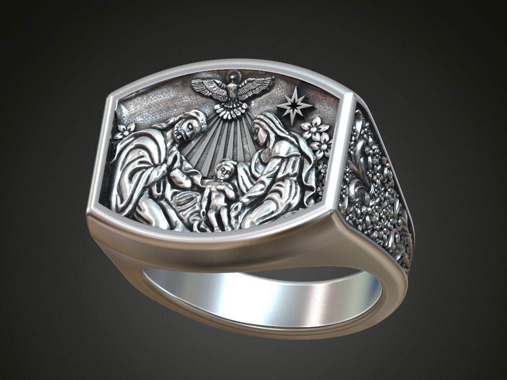 925 Sterling Silver Baby Jesus Nativity Star of Bethlehem Hail Mary Ring US5~15