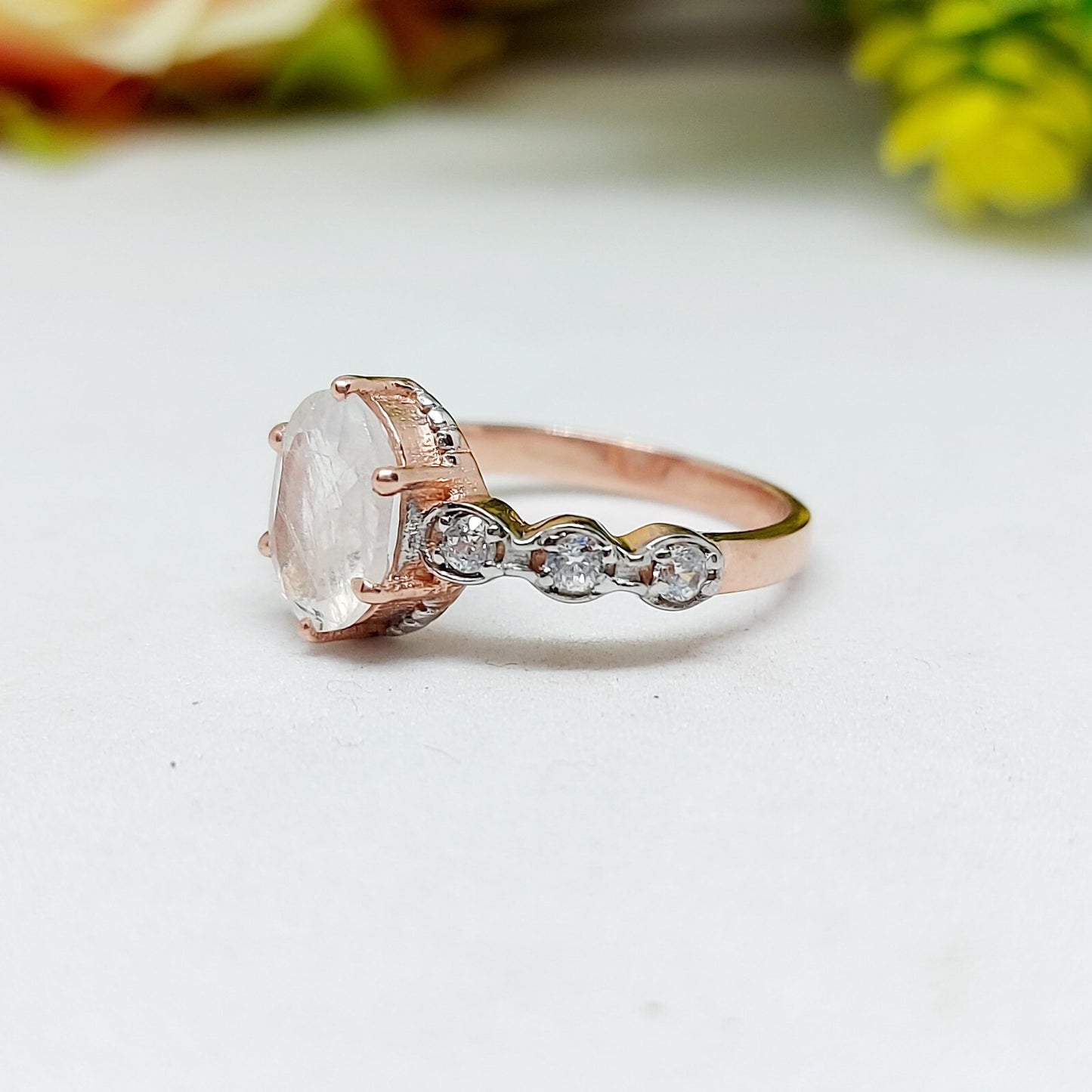 Natural Oval Cut Fire Moonstone Ring 925 Sterling Silver ArtDeco Engagement Ring