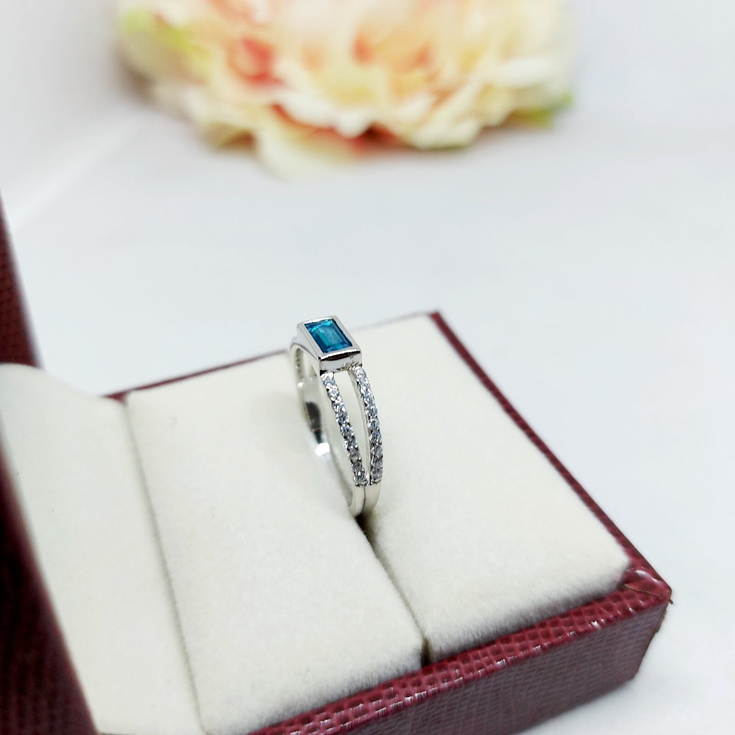 Silver Blue Tourmaline Baguette Shape Ring Women Birthstone Gift Ring Us5~ 15