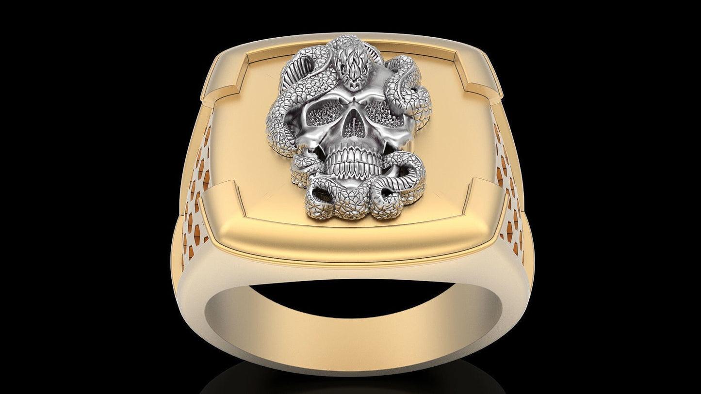 Brass Vintage Punk Snake Skull Ring Biker Hip Hop Style Men Skull Ring US5 ~15