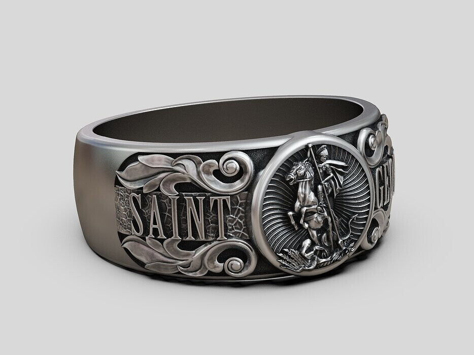 925 Silver St George Warrior Dragon Signet Ring Religious Men Women Ring US5-15