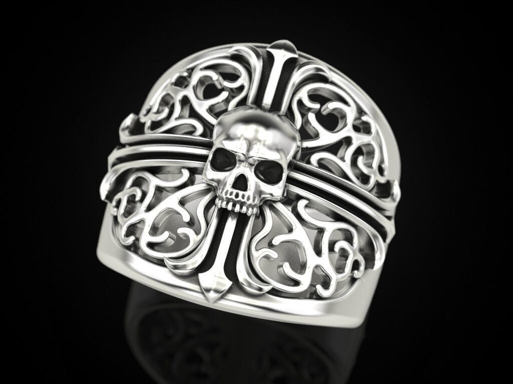 Punk Gothic Skull Cross Biker Ring 925 Silver Pirate Rider Jewelry Gift US5~15