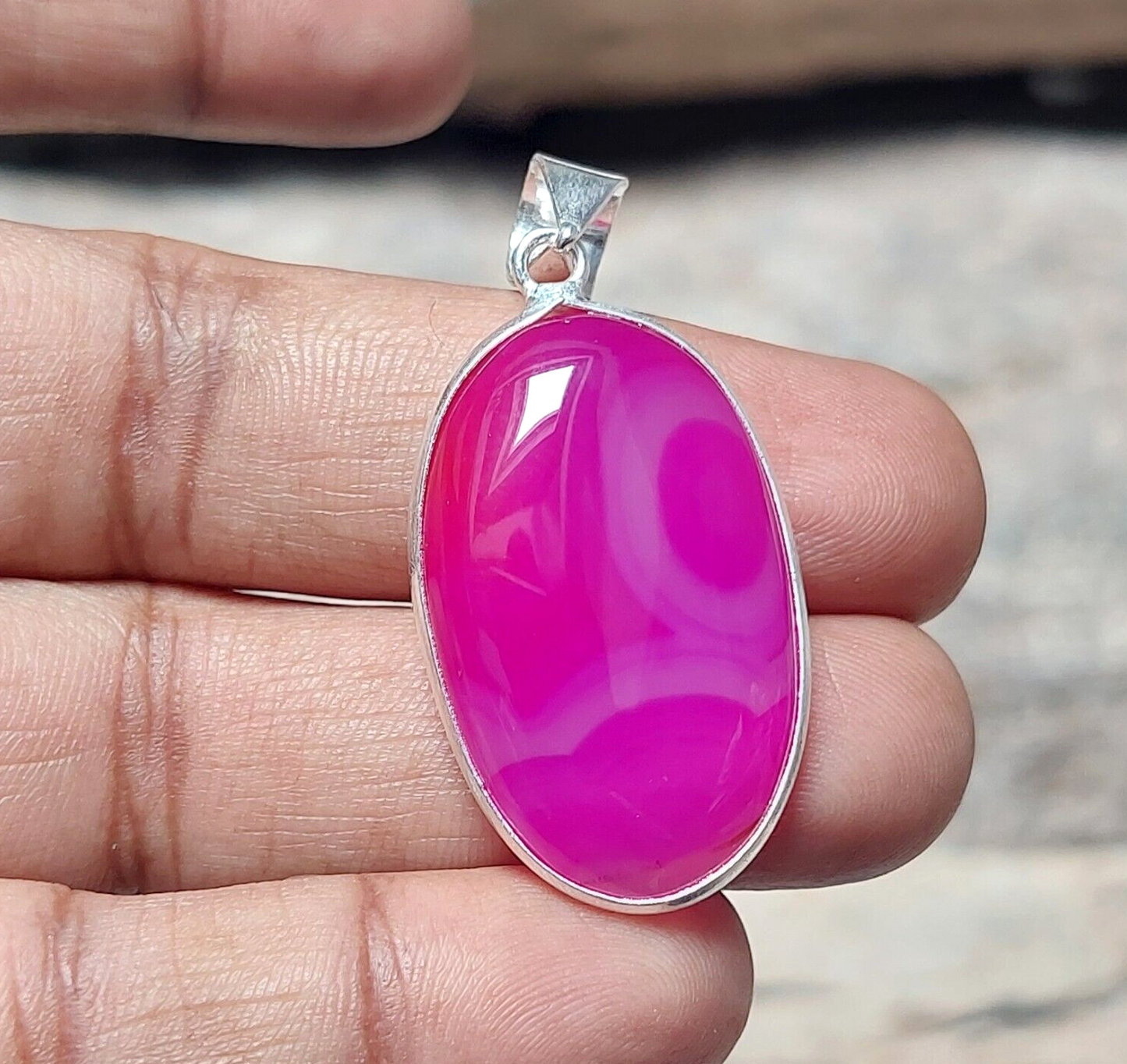 Hot Pink Banded Agate Pendant Necklace 925 Sterling Silver Jewelry For Wedding