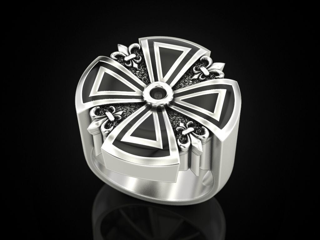 Silver Cross Ring Heraldic Lily Gothic Enamel US 5-15 Unisex Jewelry Women Men