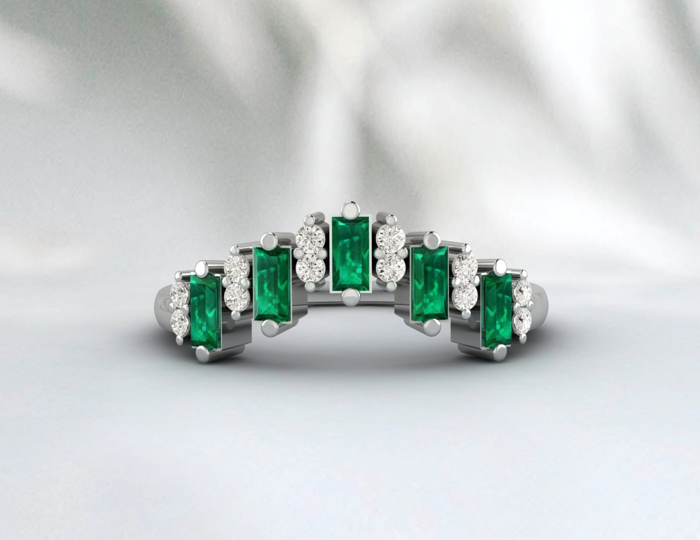 Baguette Green Emerald Crown Wedding Band Fine Silver Daimond Lab Created Band