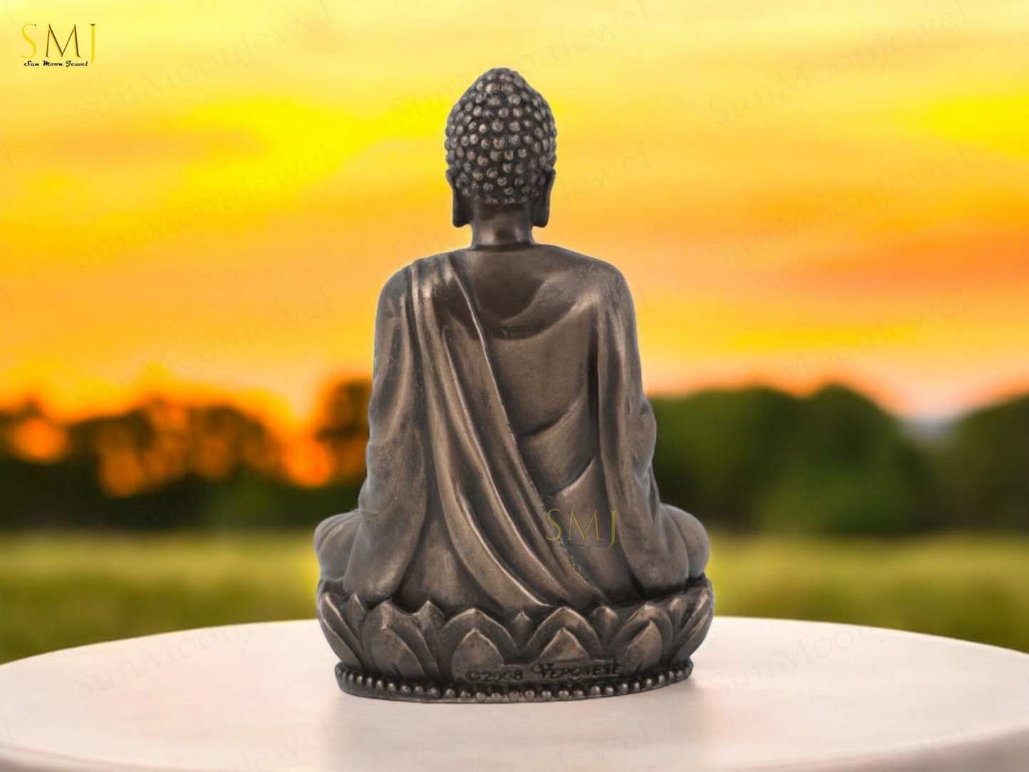 Copper Finish Sitting Buddha Figurine on Lotus Base Decorative Showpiece Gift