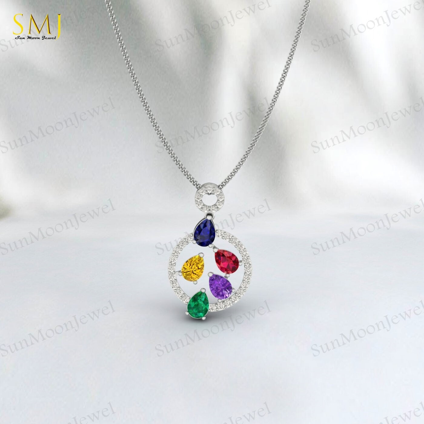 Sapphire Ruby Amethyst Citrine Emerald Multi Gemstone Pendant Sterling Silver