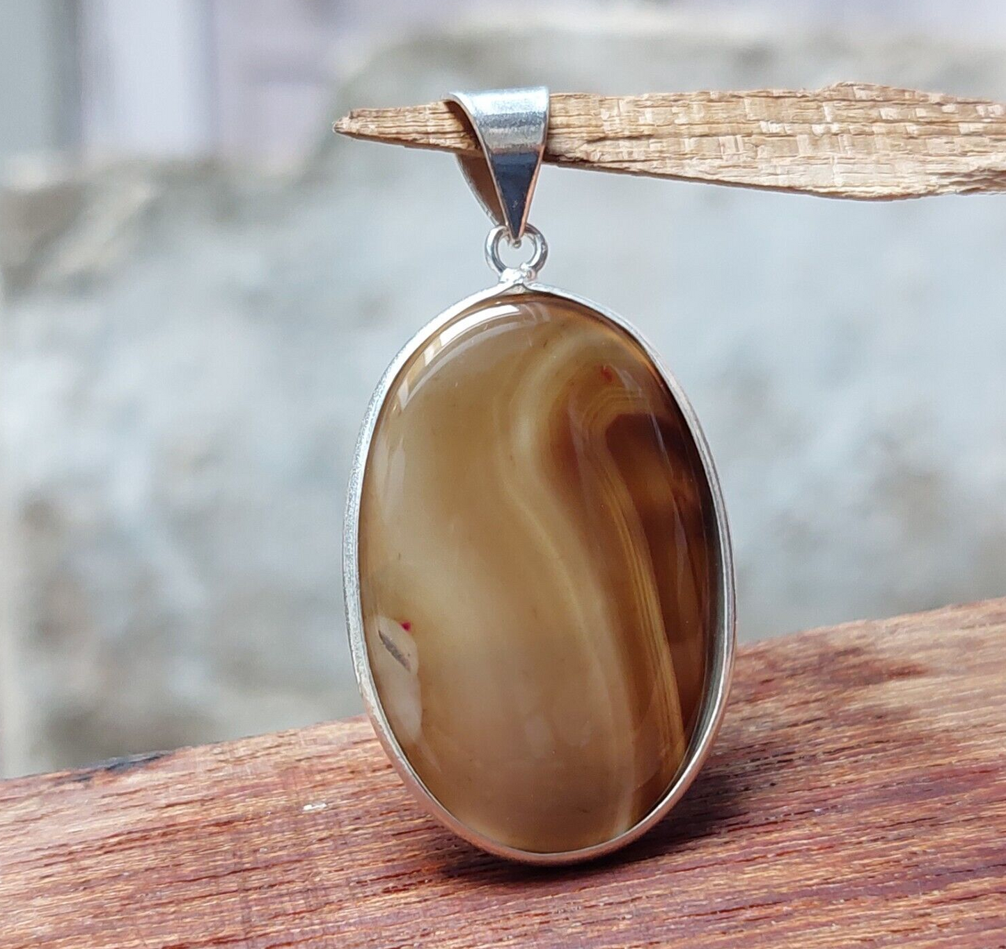 Vintage Chocolate Oval Brown Banded Agate Sterling Silver Pendant,Bezel Pendant