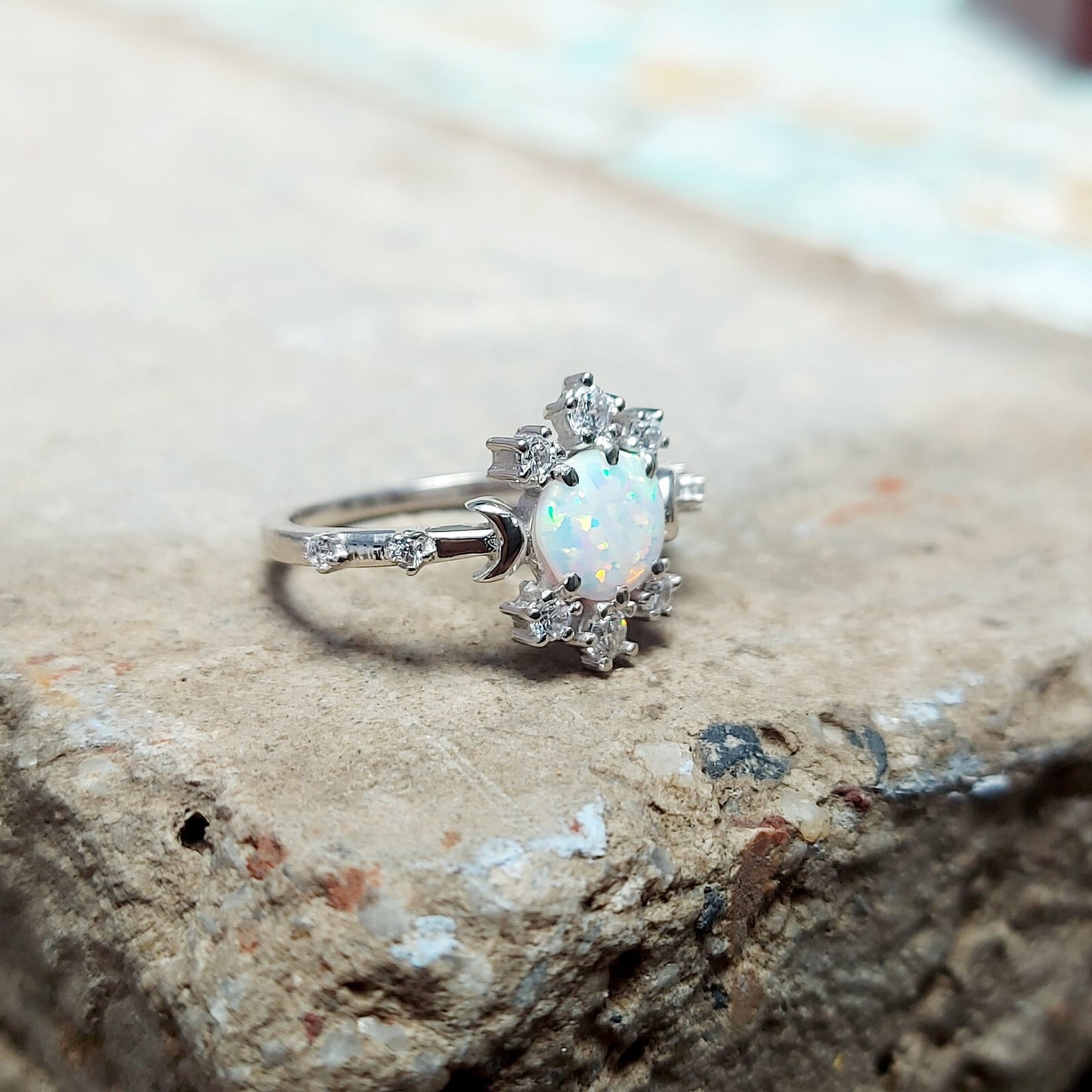 Natural Opal Ring Round Cut CZ Cluster 925 Silver Gift Ring US5~15 Vintage Look