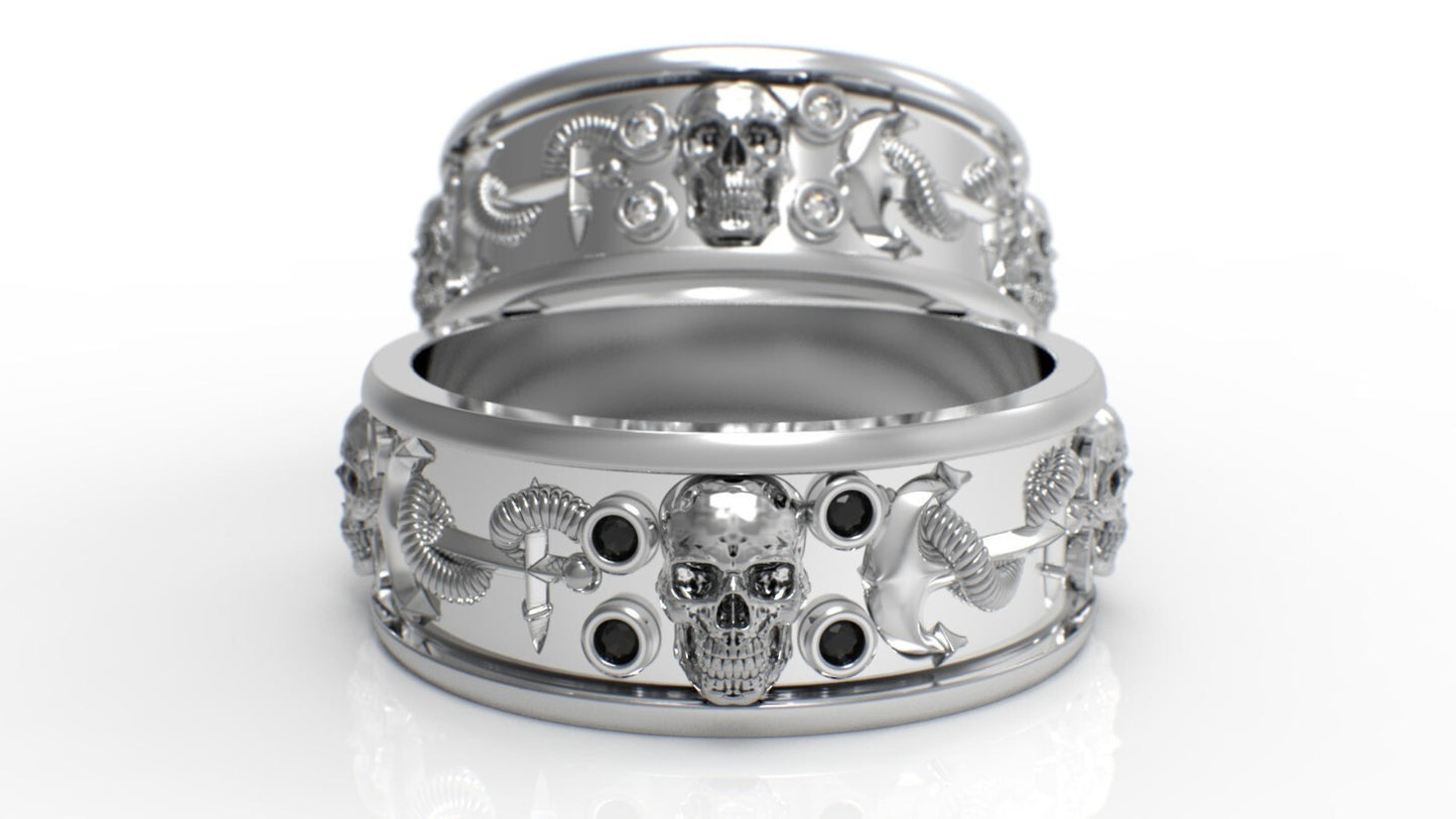 Gothic Anchor Skull Ring US5~15 Simulated Diamond Pirate Biker Wedding Men Band