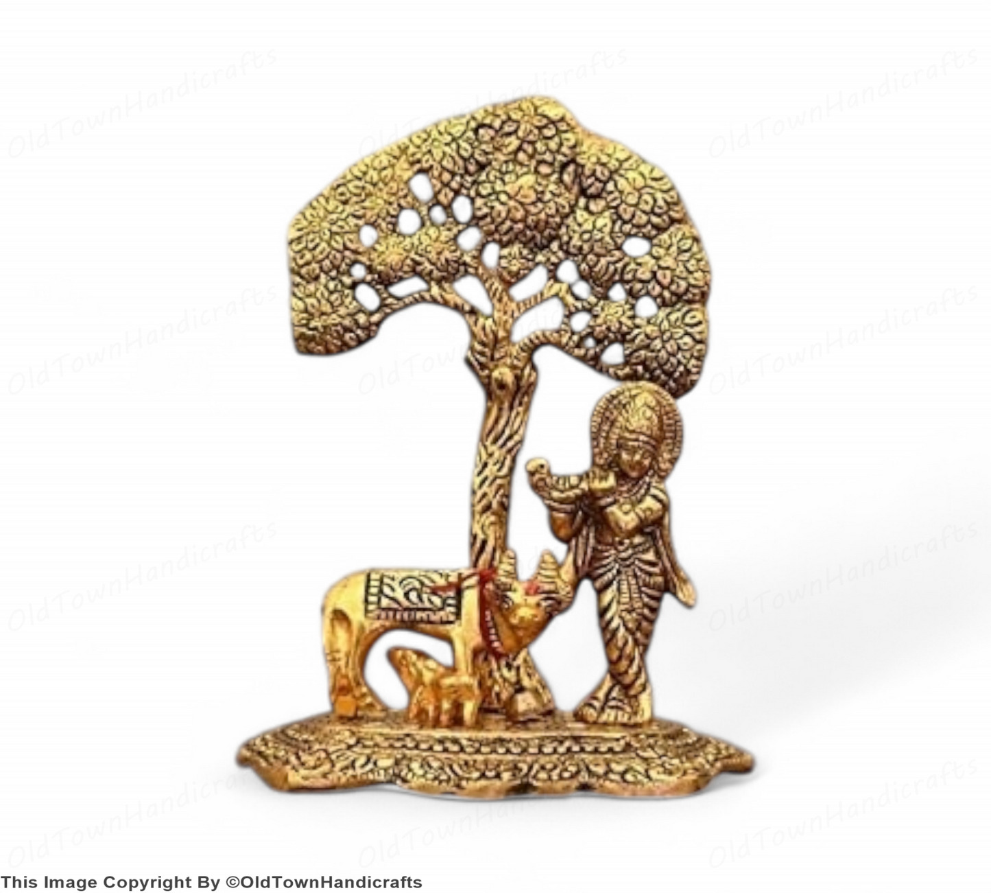 Brass Finish Krishna Idol with Cow Under Tree 6" Statue for Home Office Decor