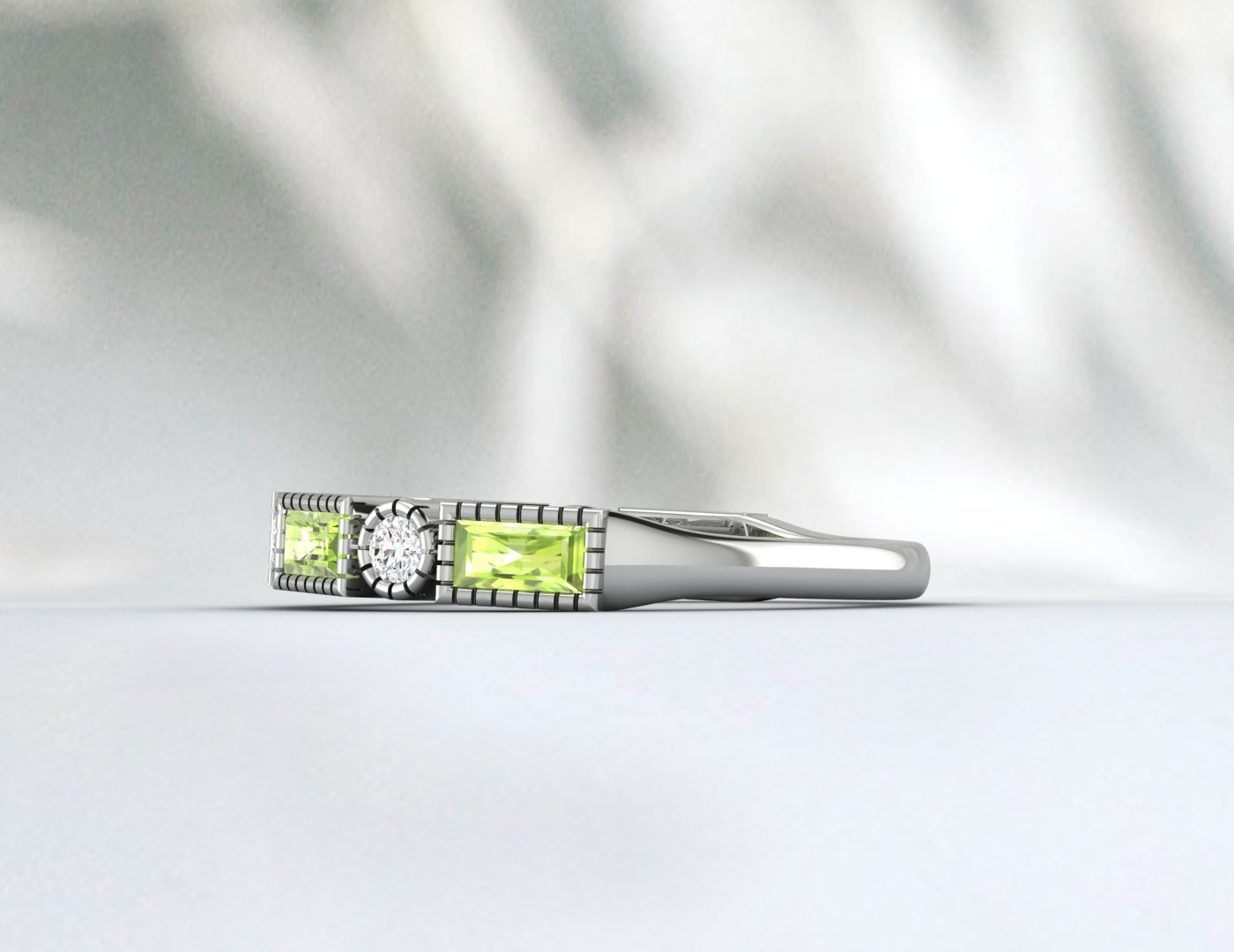 Natural Baguette Cut Peridot & Cubic Zirconia Half Eternity Fine Silver Band