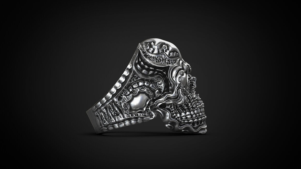 925 Sterling Silver Biomechanical Skull of Love Ring US7~15 Oxidized Biker Rider