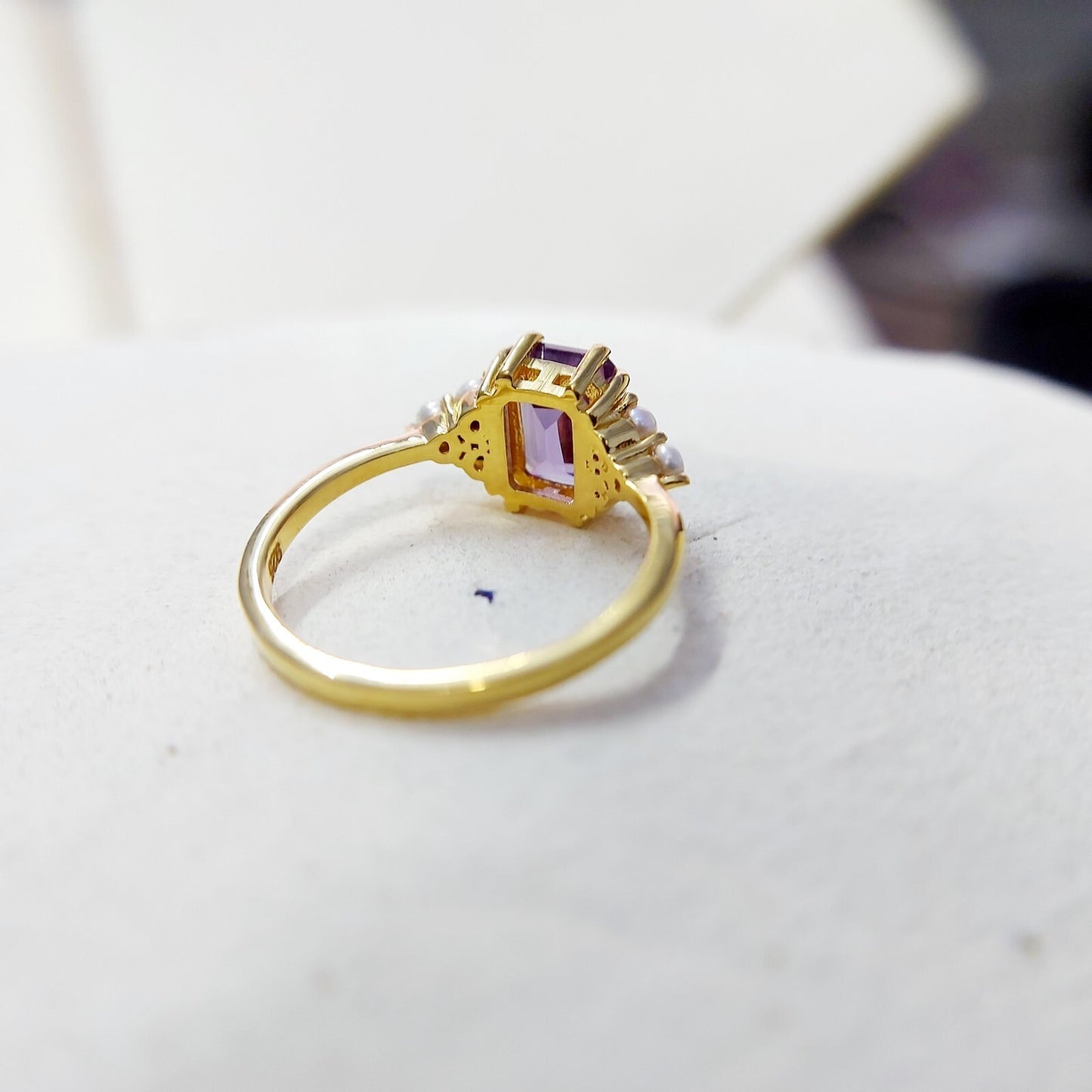 Emerald Cut Amethyst Pearl Ring Handmade Engagement Anniversary Ring Gift Us5~15