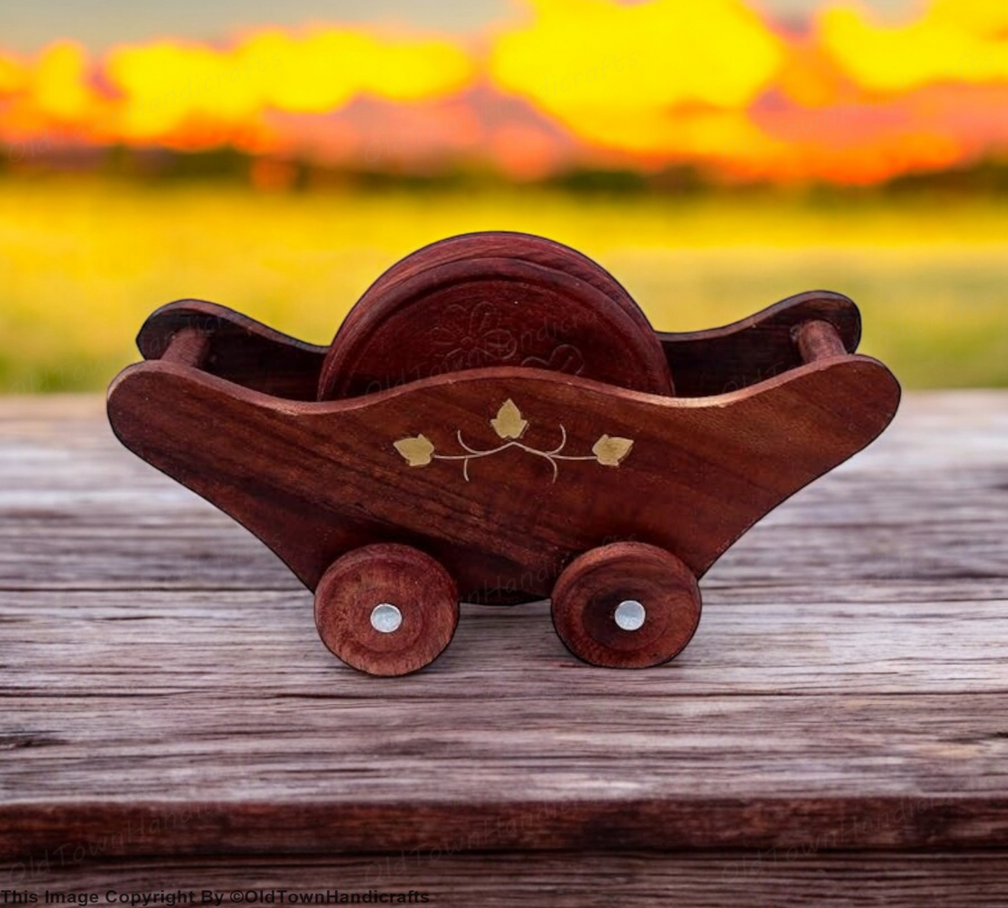 Wooden Trolley Tea Coaster Set of 6 Handcrafted Sheesham Wood for Home & Kitchen