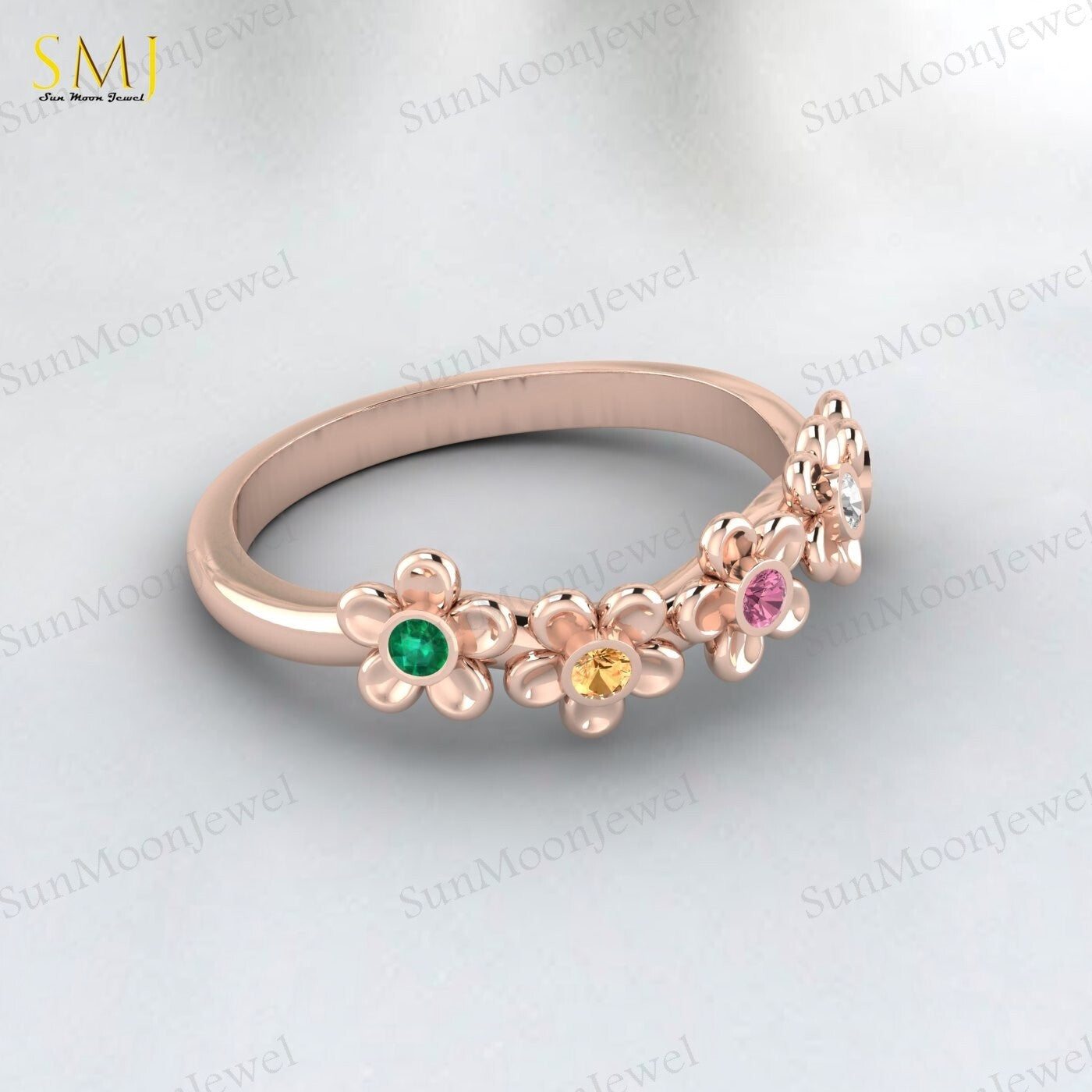 Natural Peridot Tourmaline Citrine Emerald Mutistone Flower Band in 925 Silver