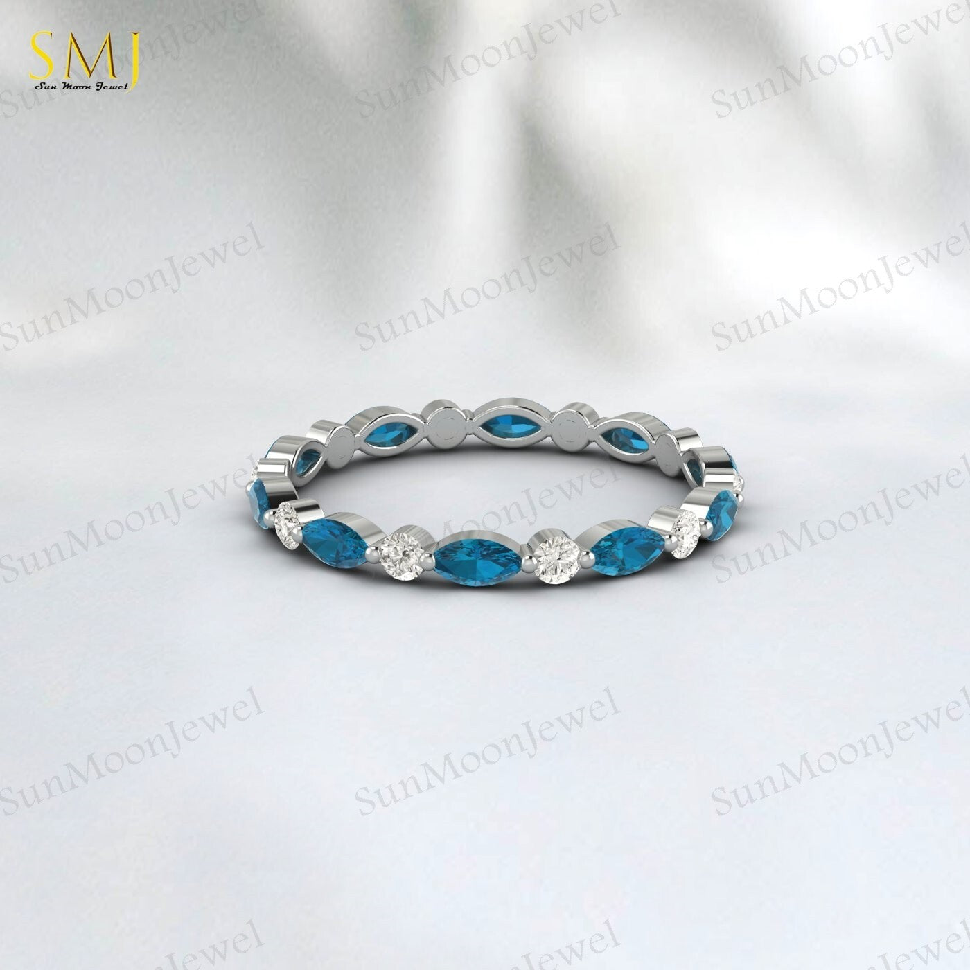 Full eternity Natural London Blue Topaz wedding band Marquise 925 Silver