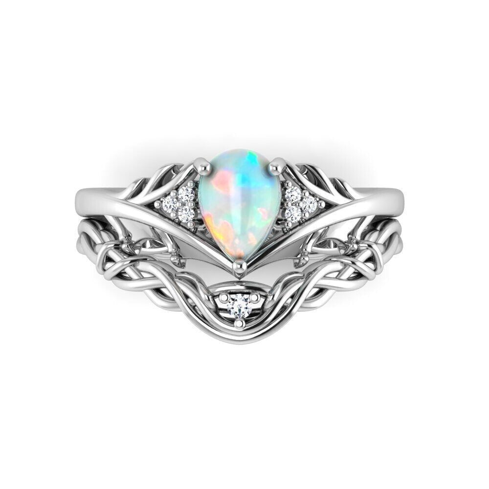Fire Opal Pear Cut Halo Engagement CZ Ring US5~15 Silver Handmade Jewelry Gift