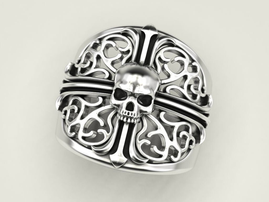 Punk Gothic Skull Cross Biker Ring 925 Silver Pirate Rider Jewelry Gift US5~15
