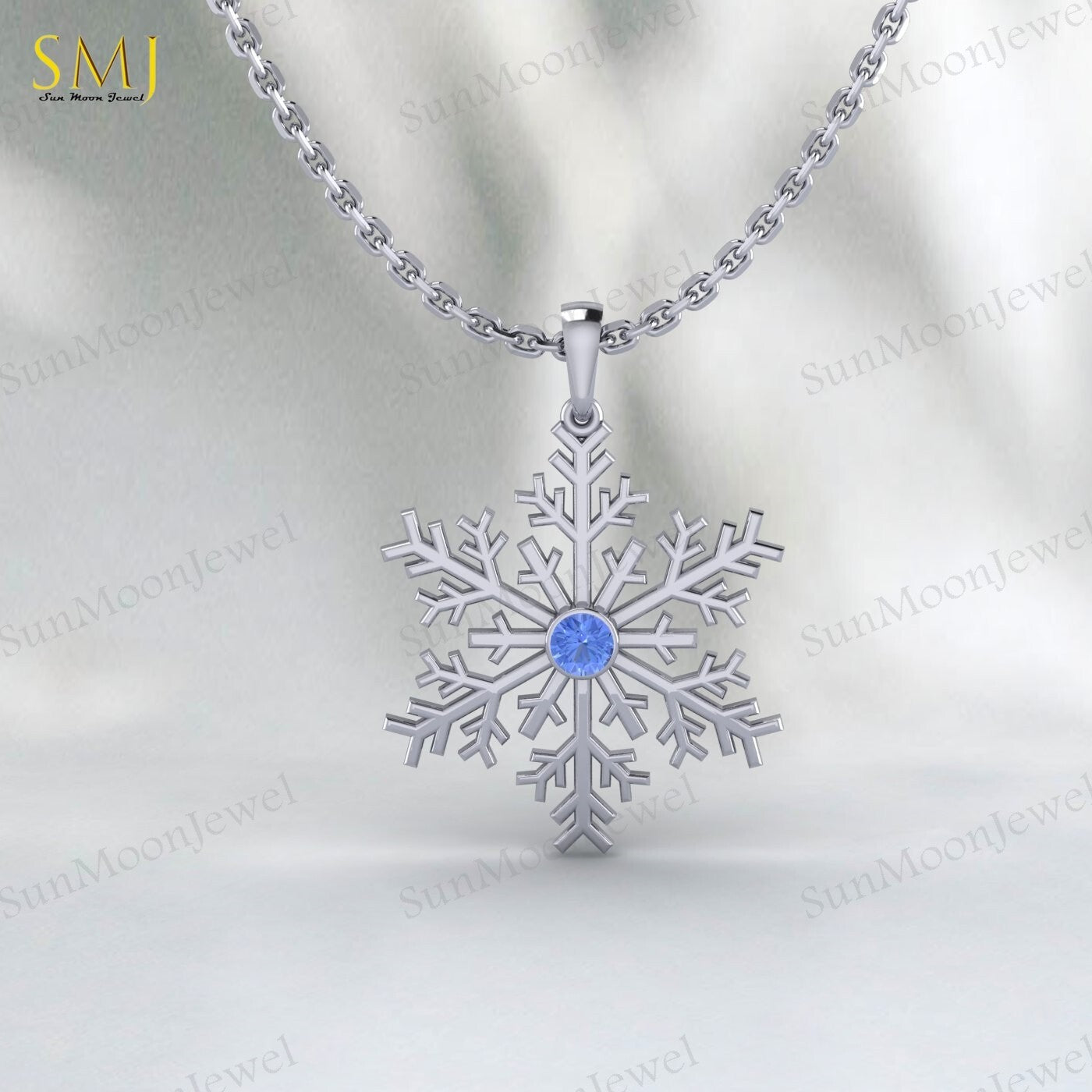 925 Silver Blue Tanzanite Snowflake Necklace Winter Snowy Day Gift Sparkly