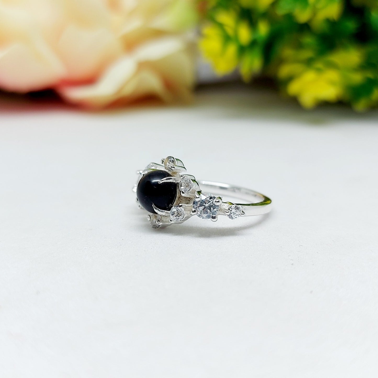 Natural Round Black Spinel Engagement Ring Cz Diamond 925 Sterling Silver Gift