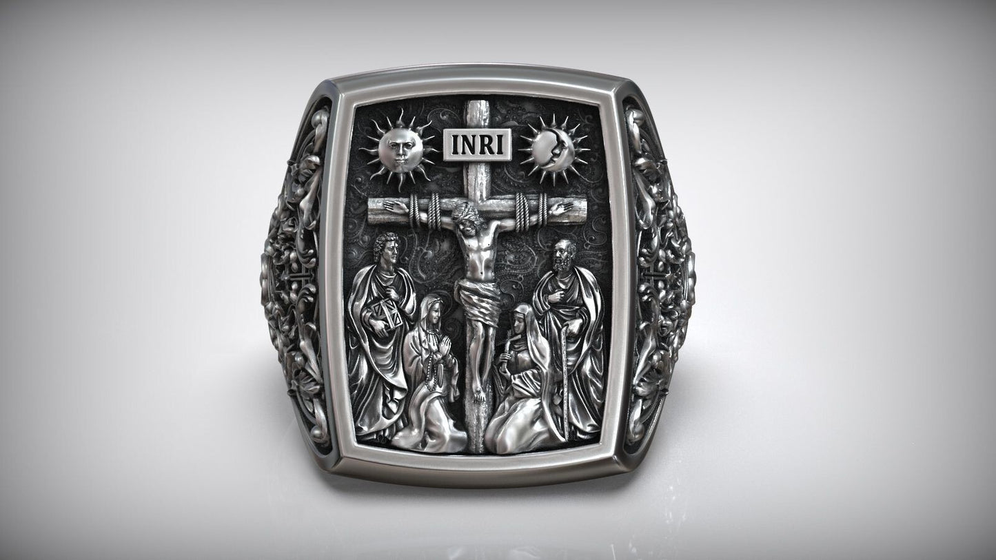 Silver Jesus Christ Crucifix Cross Mary Saints Christian Women Men Ring US5~15