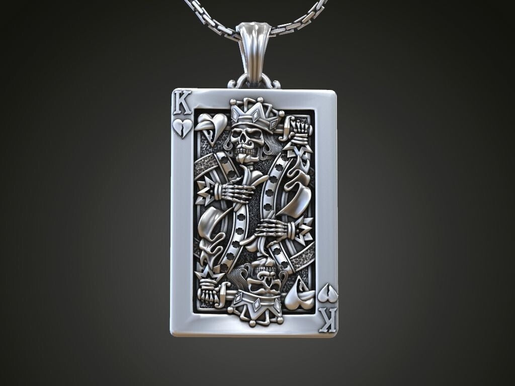 Silver Playing Card Undead King of Hearts Pendant Gift For Women Men Necklace