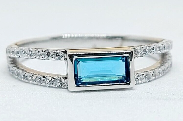 Silver Blue Tourmaline Baguette Shape Ring Women Birthstone Gift Ring Us5~ 15