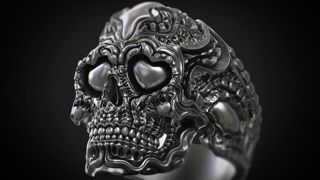 925 Sterling Silver Biomechanical Skull of Love Ring US7~15 Oxidized Biker Rider
