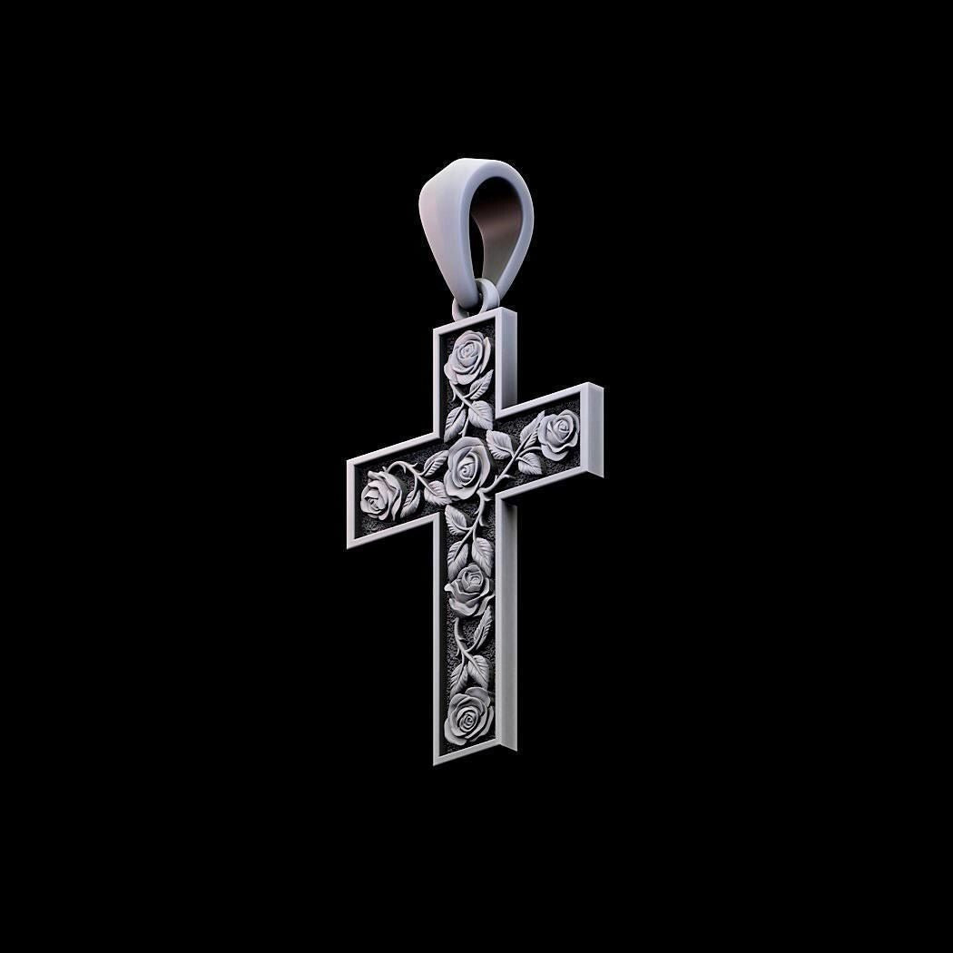 Silver Cross Whit Rose Jesus Crucifix Pendant Christian Men Cross Necklace Gift