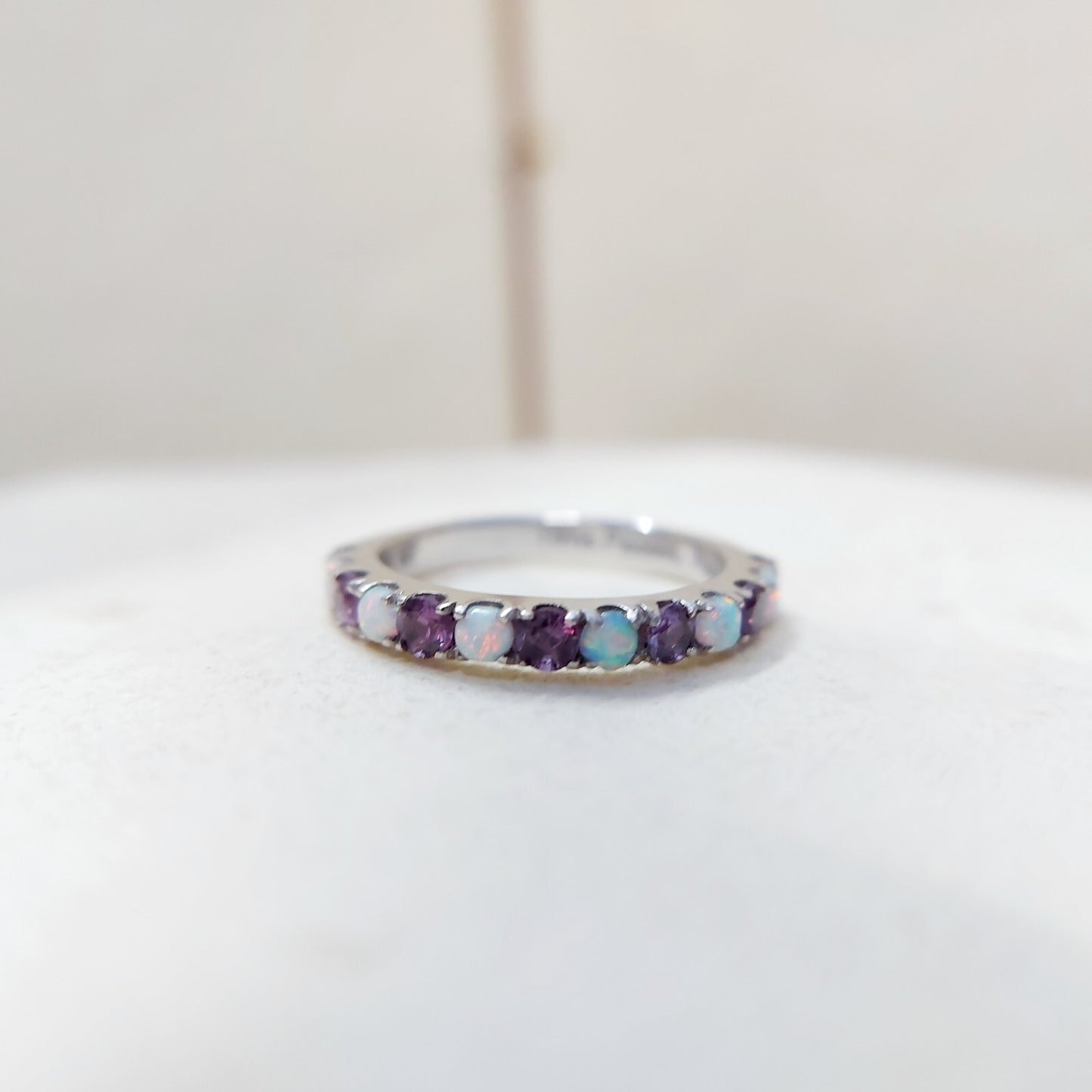Fire Opal Amethyst Ring Genuine Silver Half Eternity Band Handmade Women US5~15