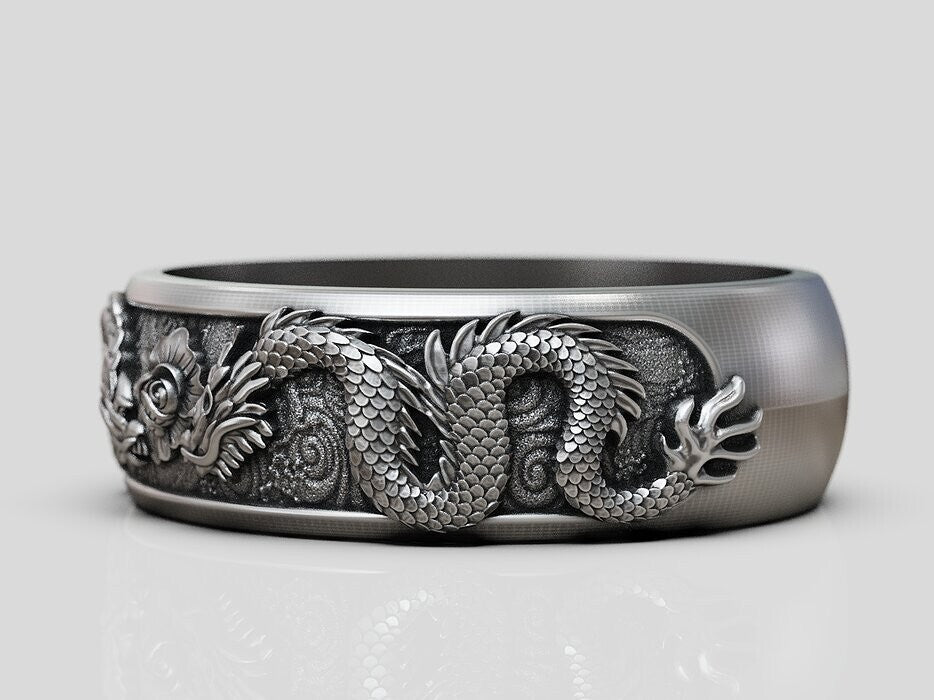 Silver Men's Ring Dragon Spinner Wedding Band Dragon Flower Women Ring US5~15