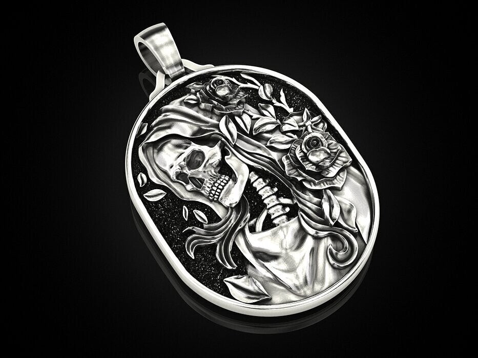 Skull Rose Serpent Pendant 925 Silver Skull Gothic Biker Necklace For Men Women
